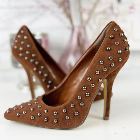 Fahrenheit Brown Faux Suede Studded Heels Size 6 - Picture 1 of 15